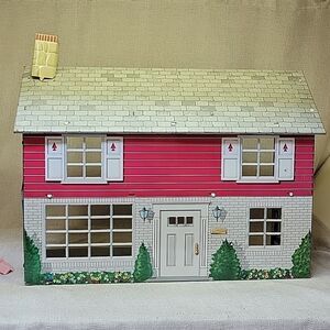 Vintage 1970s Marx Metal Tin Litho Doll House Red White Two Story Five Rm Furnit